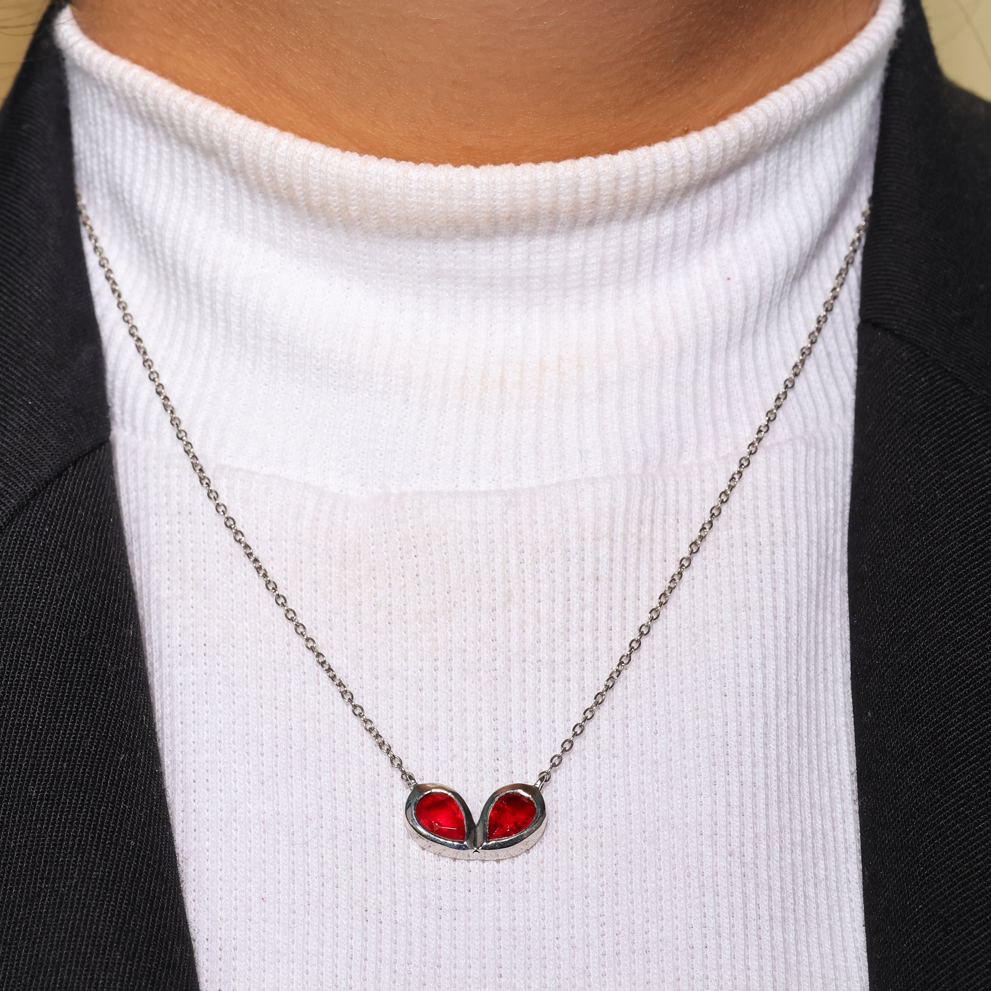 Ruby Red Double Teardrop Necklace - 925 Sterling Silver