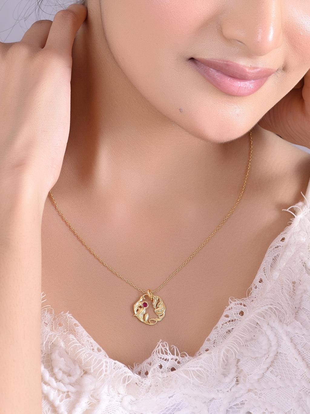 Silver Organic Leaf Swirl Pendant with Ruby Red Stone