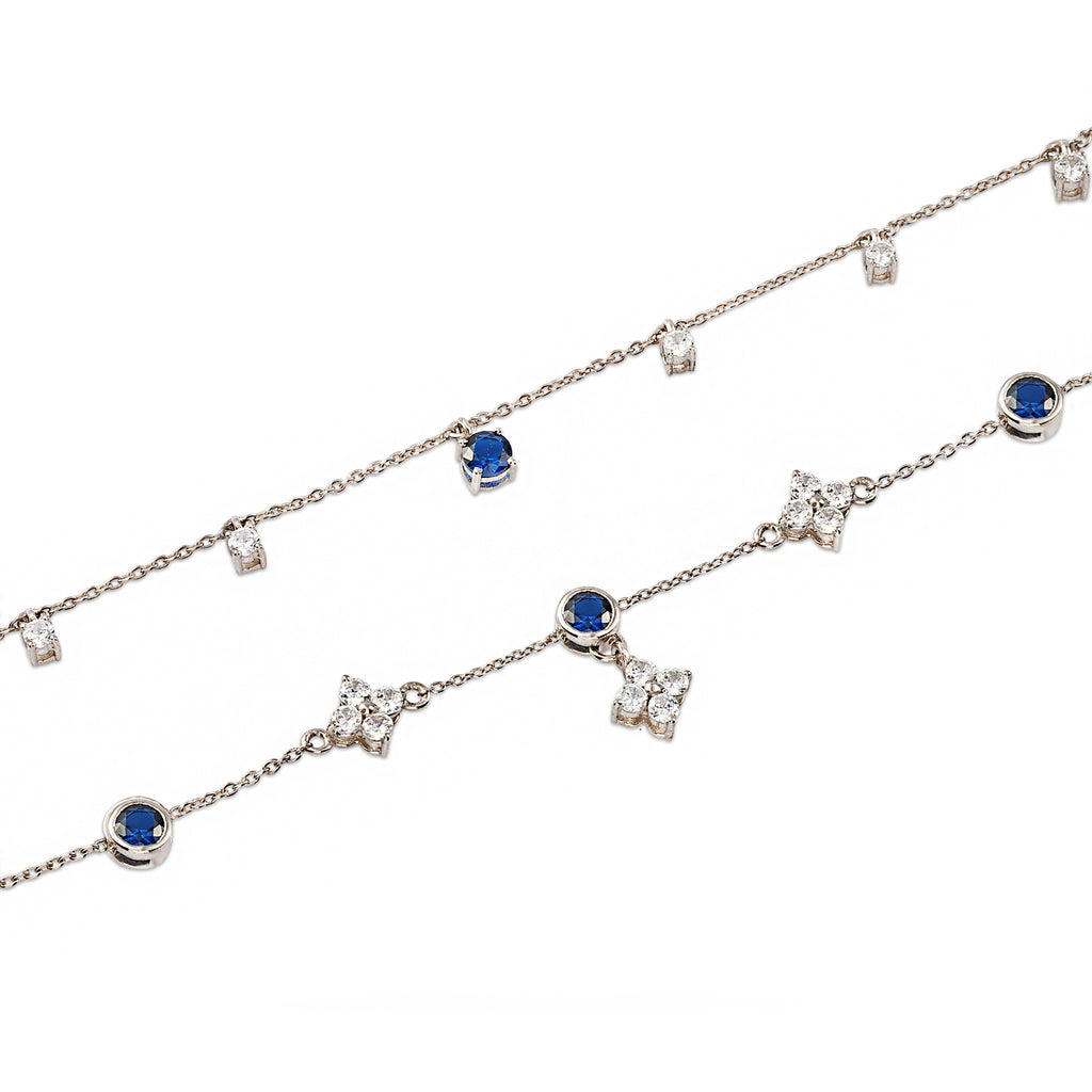 Silver Layered Necklace with Blue Stones - 925 Sterling Silver