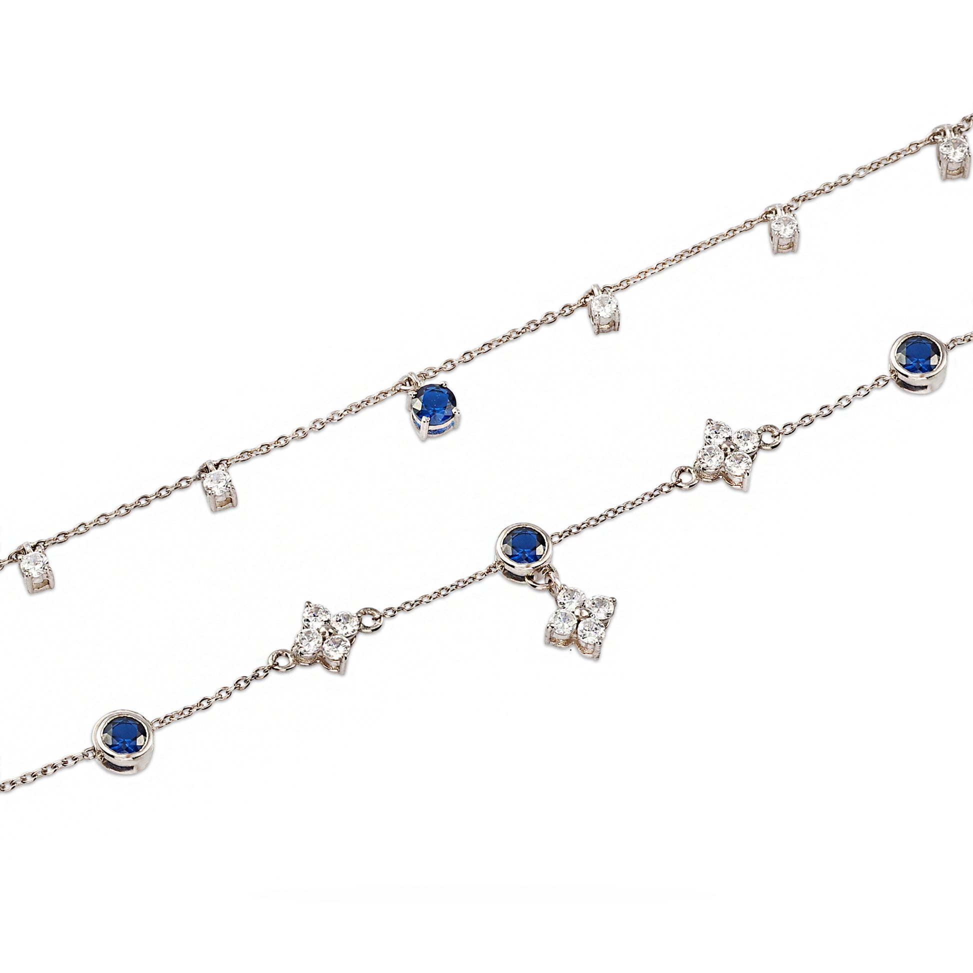 Silver Layered Necklace with Blue Stones - 925 Sterling Silver