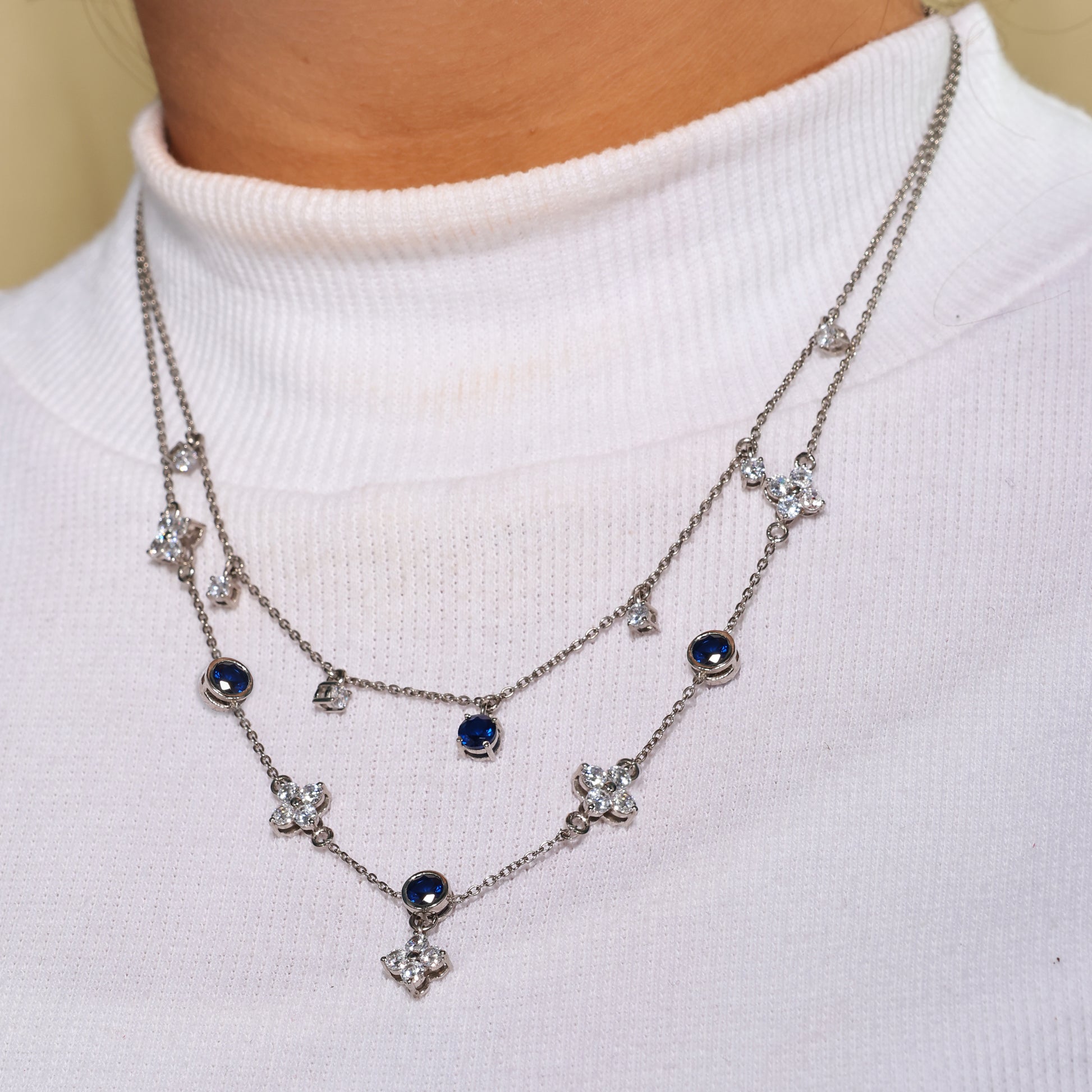 Silver Layered Necklace with Blue Stones - 925 Sterling Silver