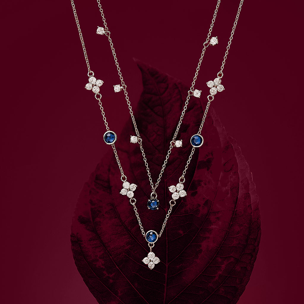 Silver Layered Necklace with Blue Stones - 925 Sterling Silver