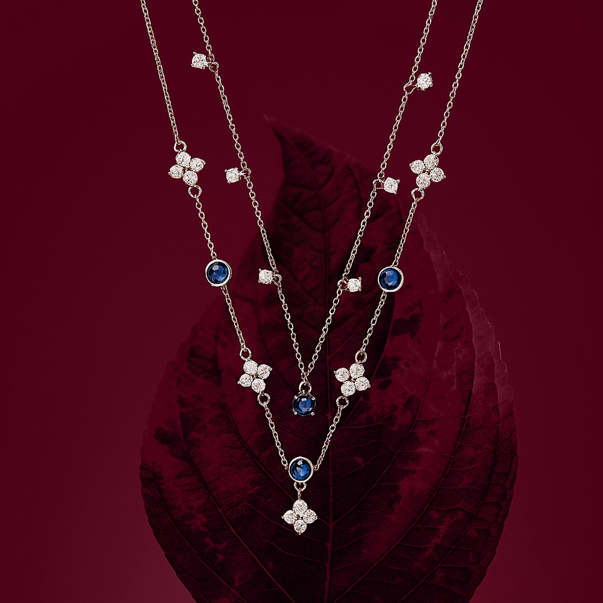 Silver Layered Necklace with Blue Stones - 925 Sterling Silver