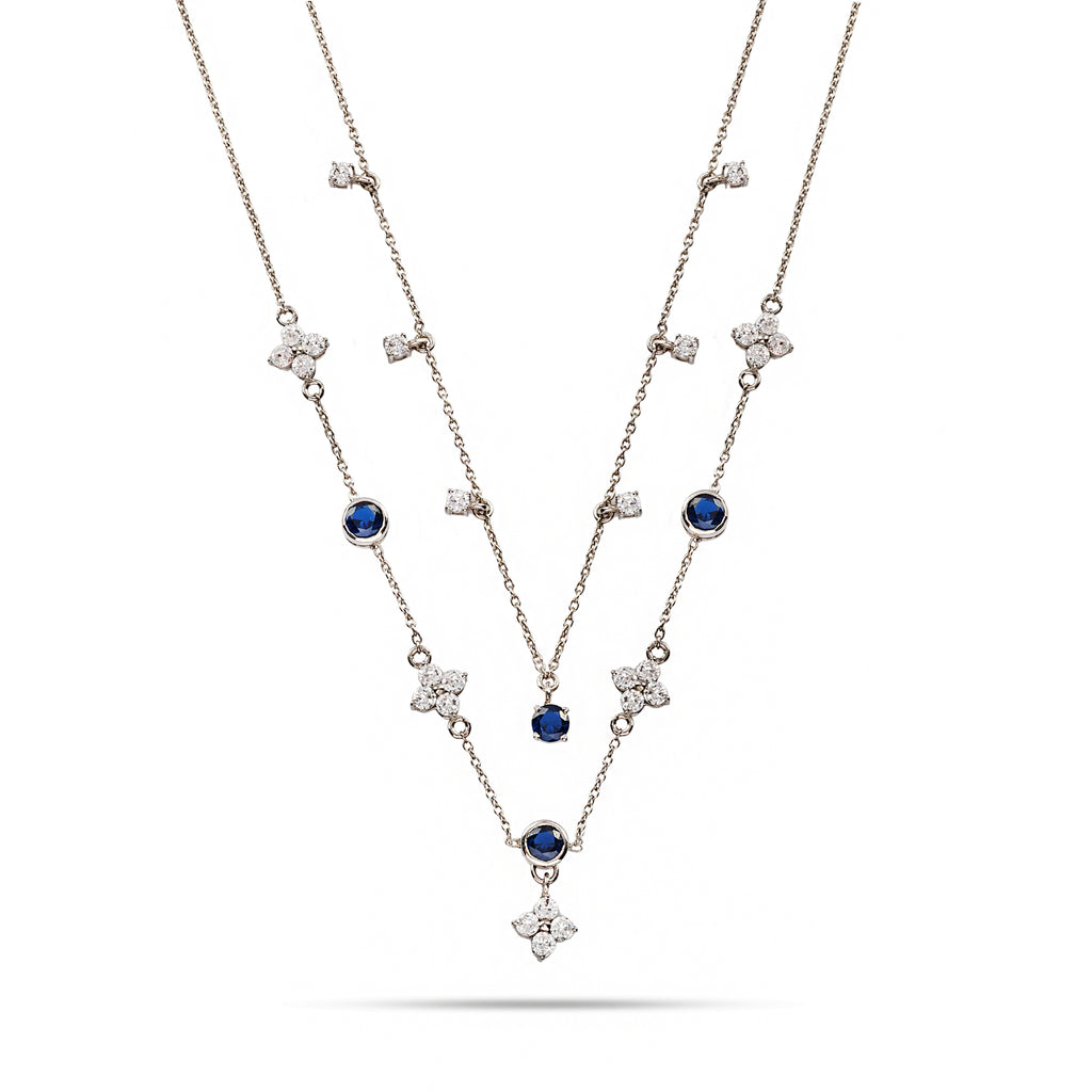Silver Layered Necklace with Blue Stones - 925 Sterling Silver