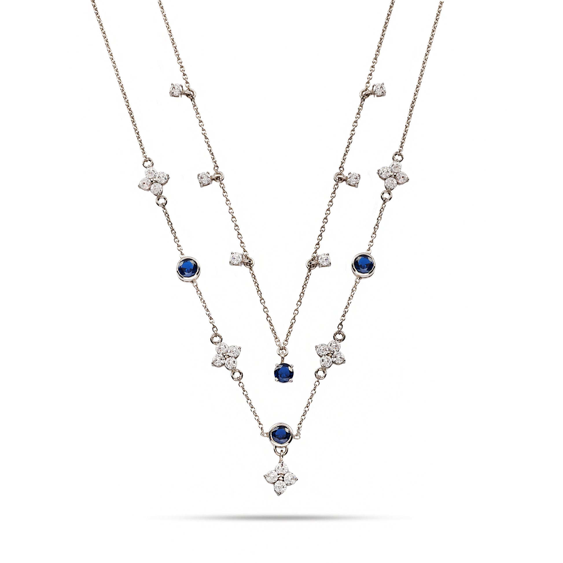 Silver Layered Necklace with Blue Stones - 925 Sterling Silver
