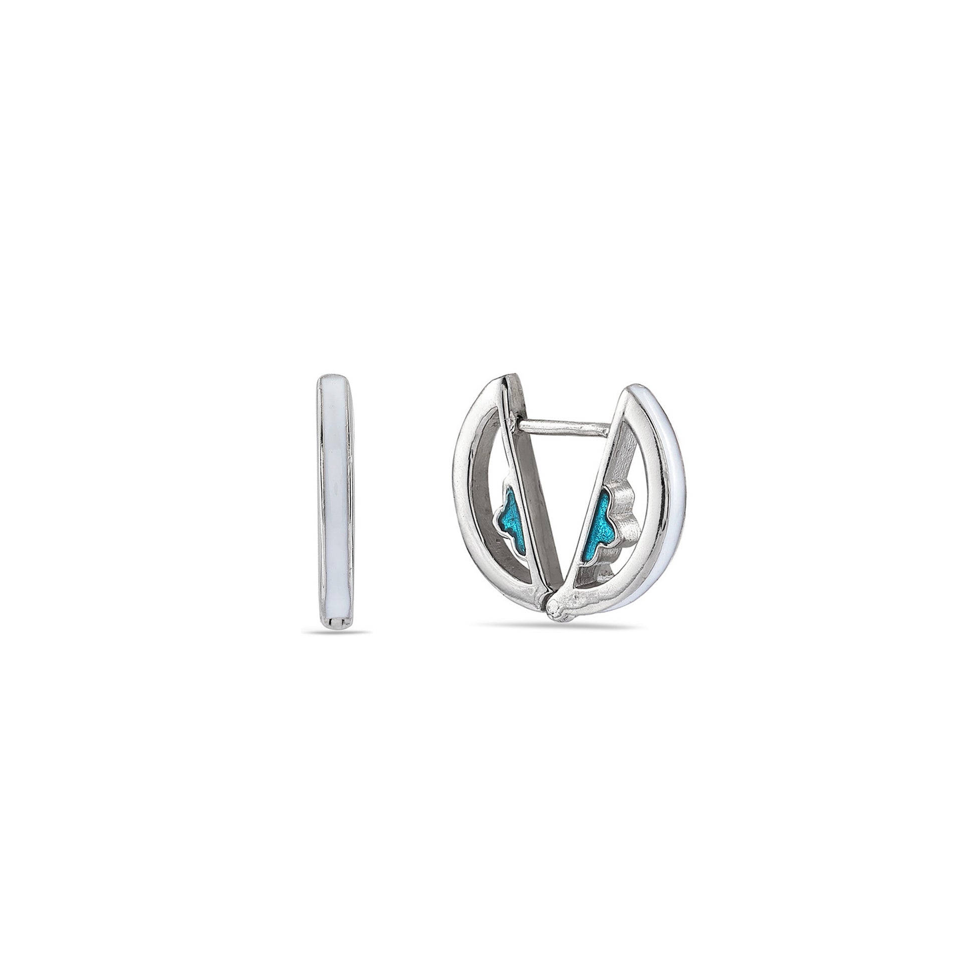 White Enamel Huggie Hoops with Turquoise Detail - 925 Silver