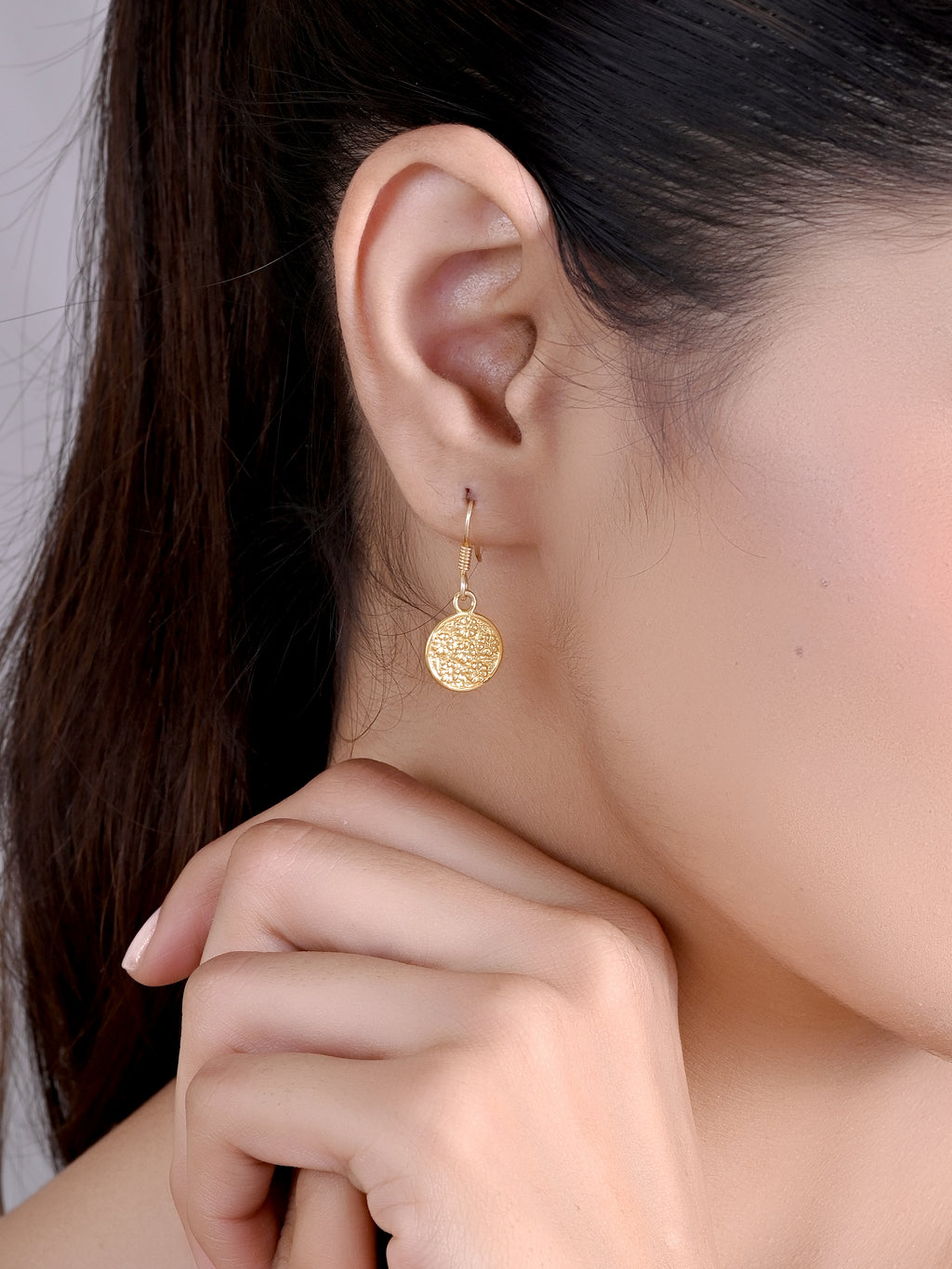 Textured Disc Drop Earrings - 925 Silver (Gold Plated)