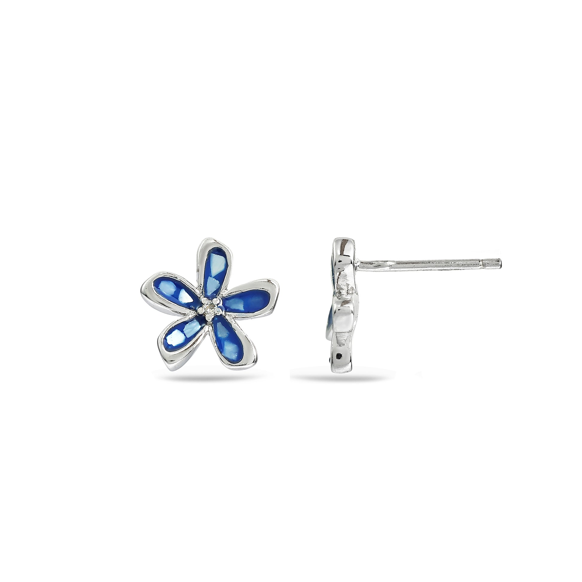 Blue Enamel Flower Studs - 925 Sterling Silver