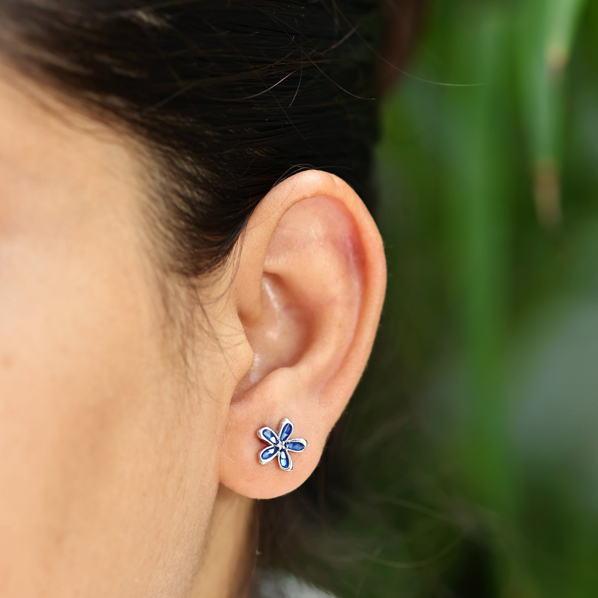 Blue Enamel Flower Studs - 925 Sterling Silver