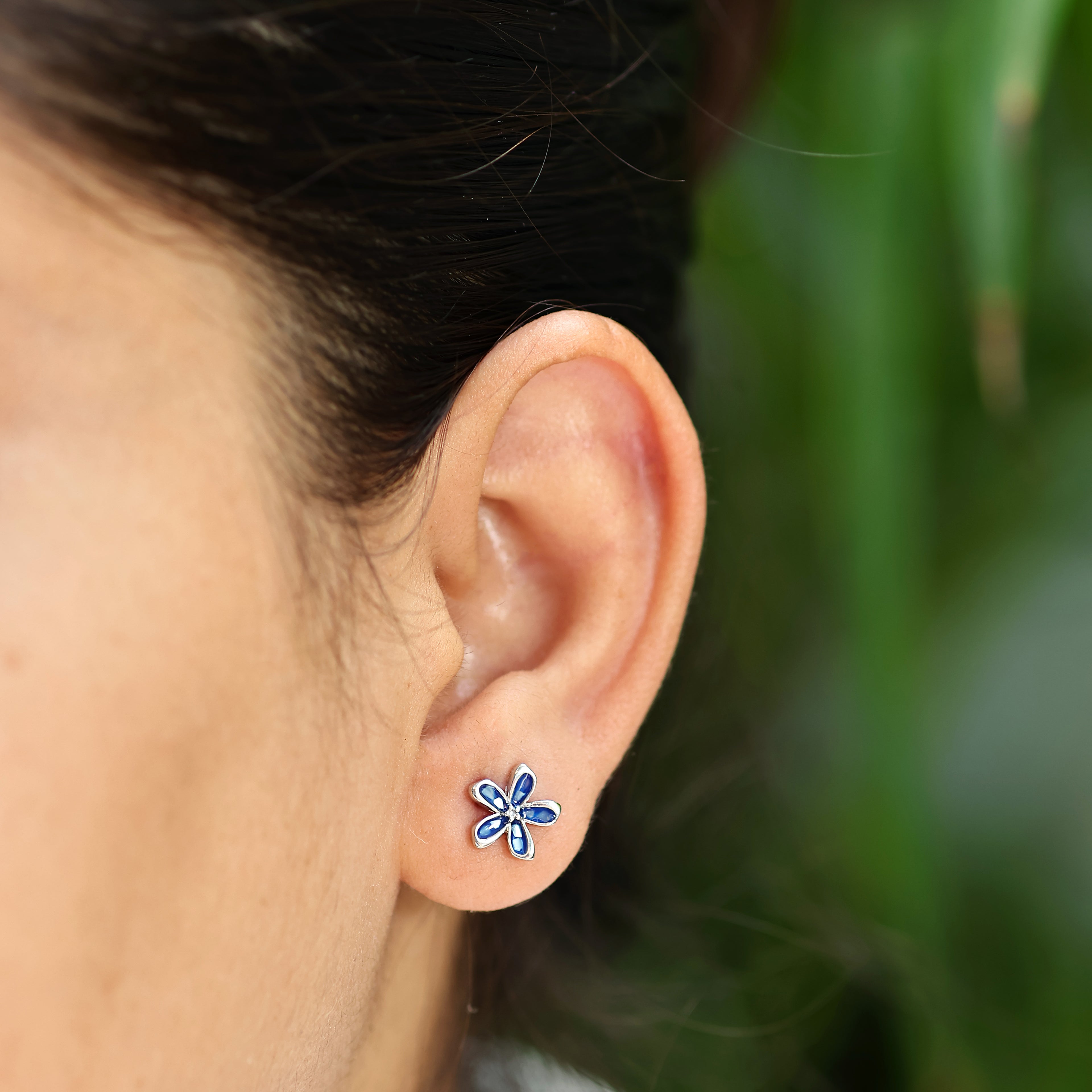 Blue Enamel Flower Studs - 925 Sterling Silver