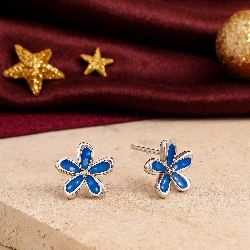 Blue Enamel Flower Studs - 925 Sterling Silver