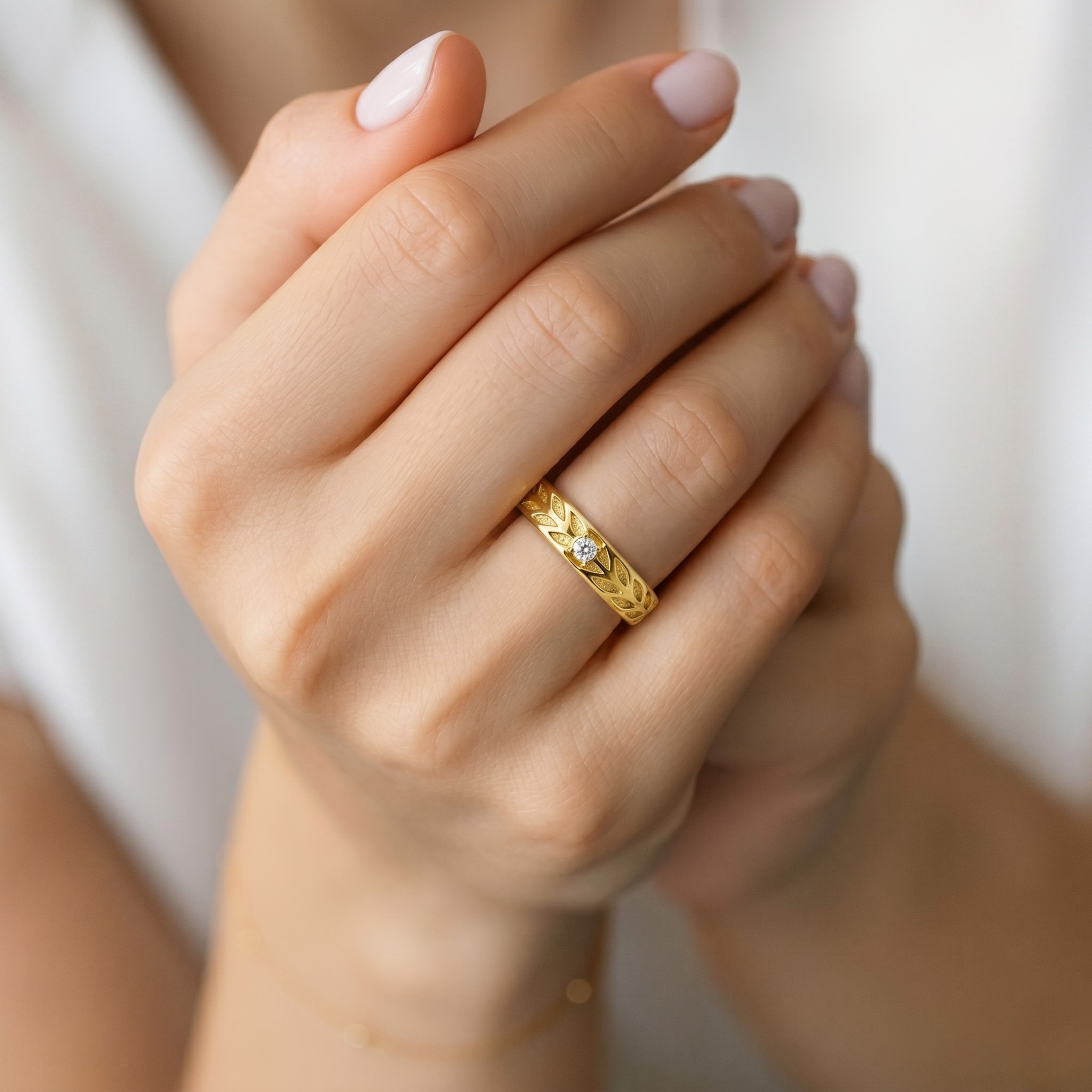 Gold Engraved Wheat Pattern Silver Adjustable Ring