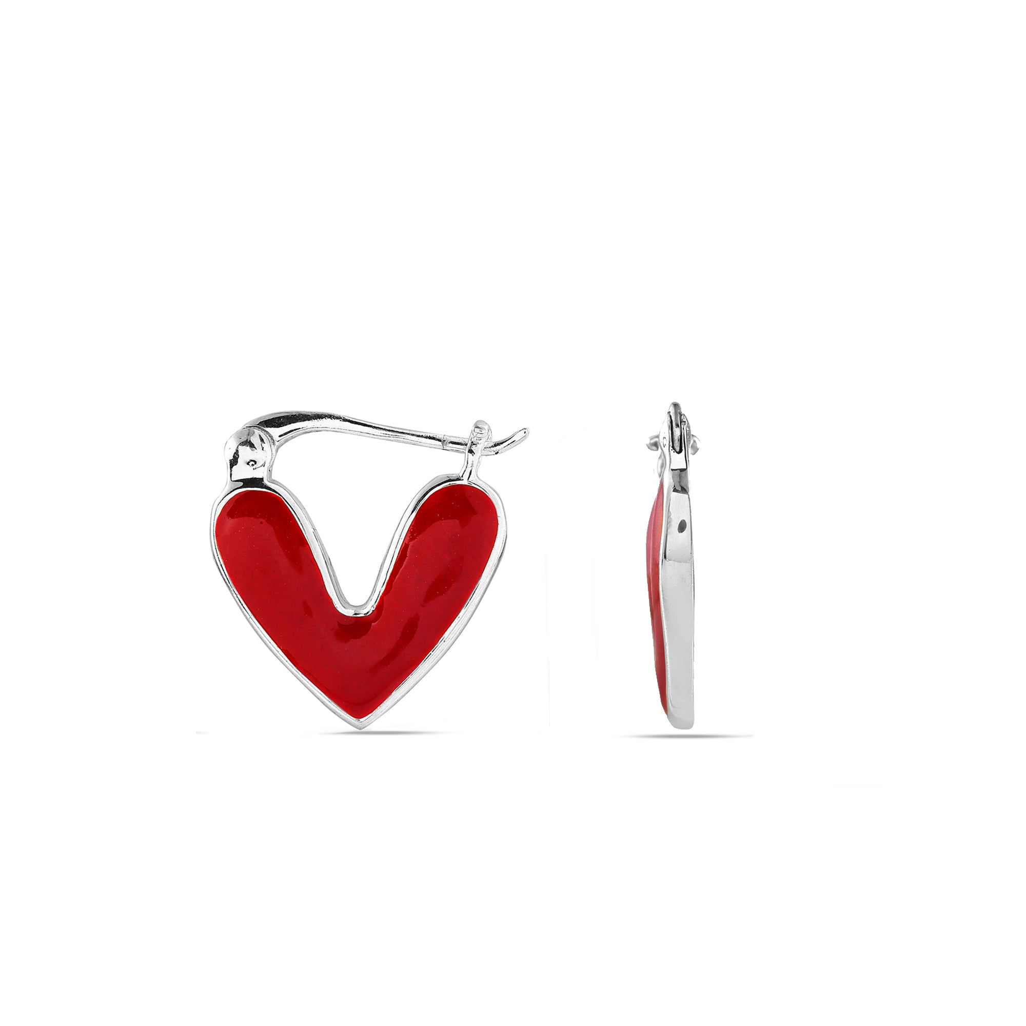 Red Enamel Heart Huggie Hoops - 925 Silver