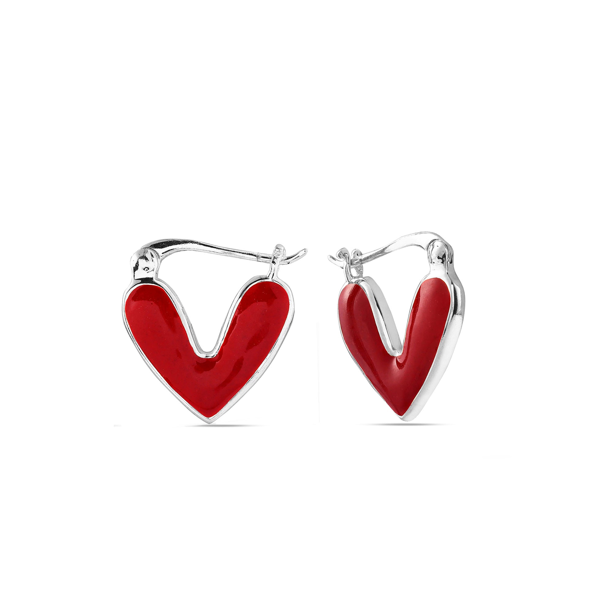 Red Enamel Heart Huggie Hoops - 925 Silver