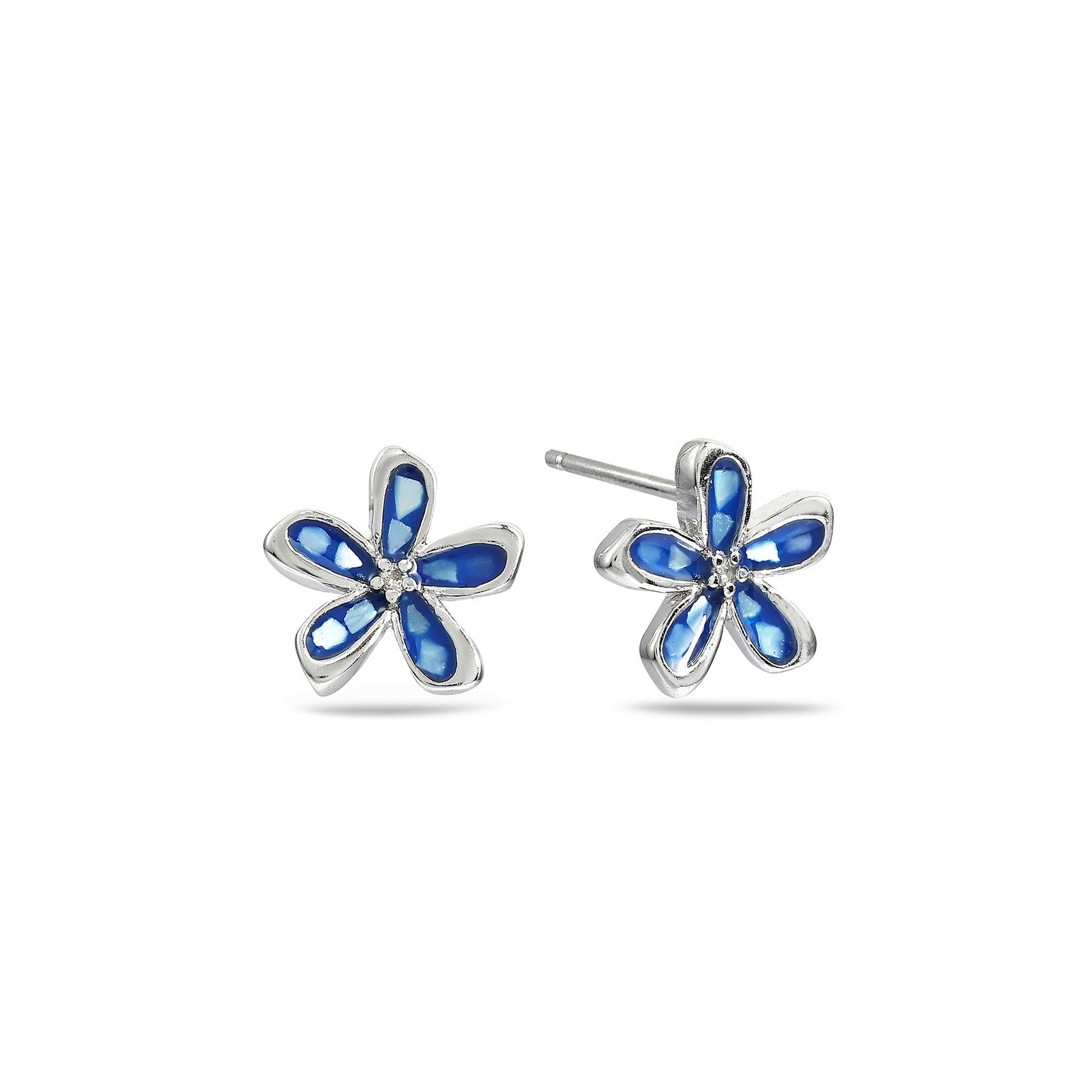Blue Enamel Flower Studs - 925 Sterling Silver