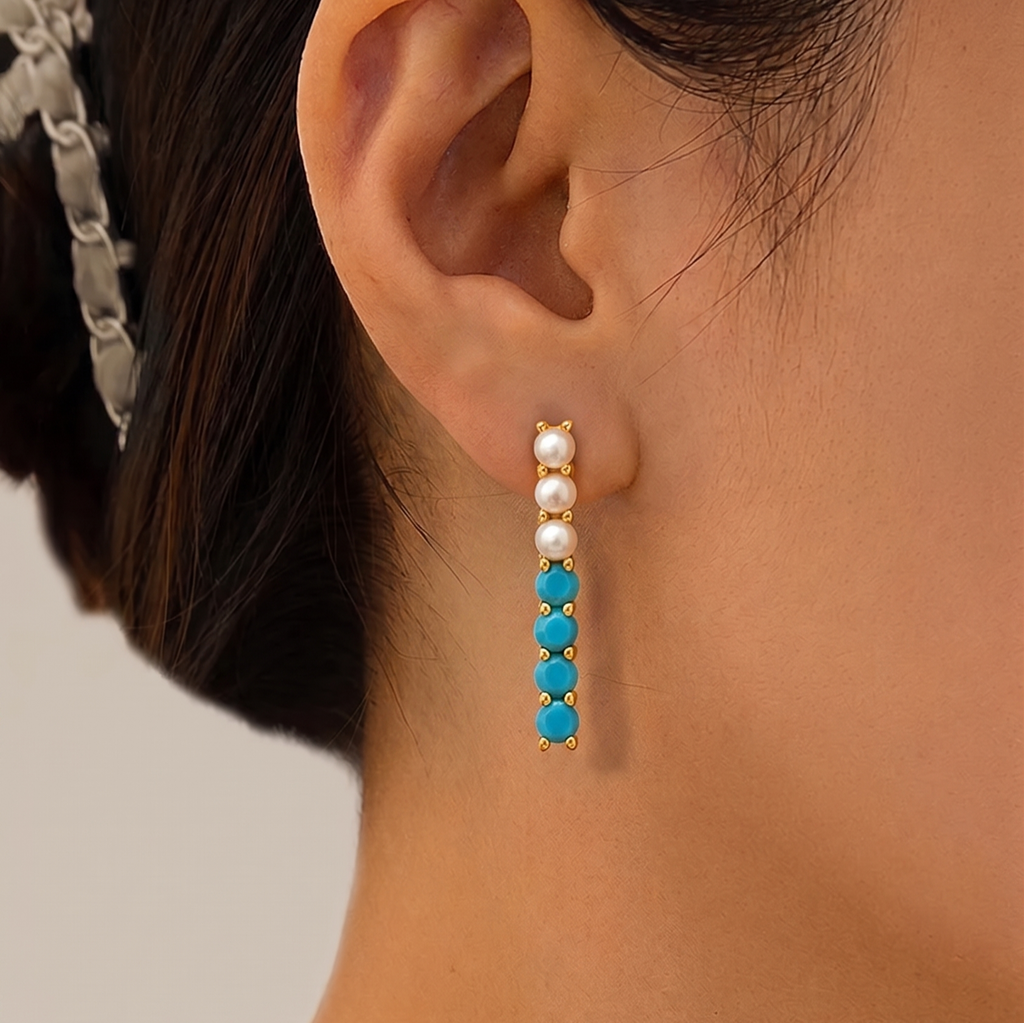 Turquoise & Pearl Bar Studs Earrings - 925 Silver (Gold Plated)