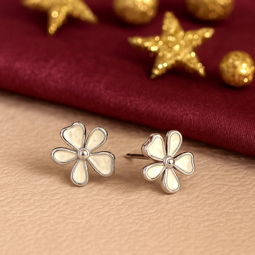 White Petal 925 Silver Earrings Stud