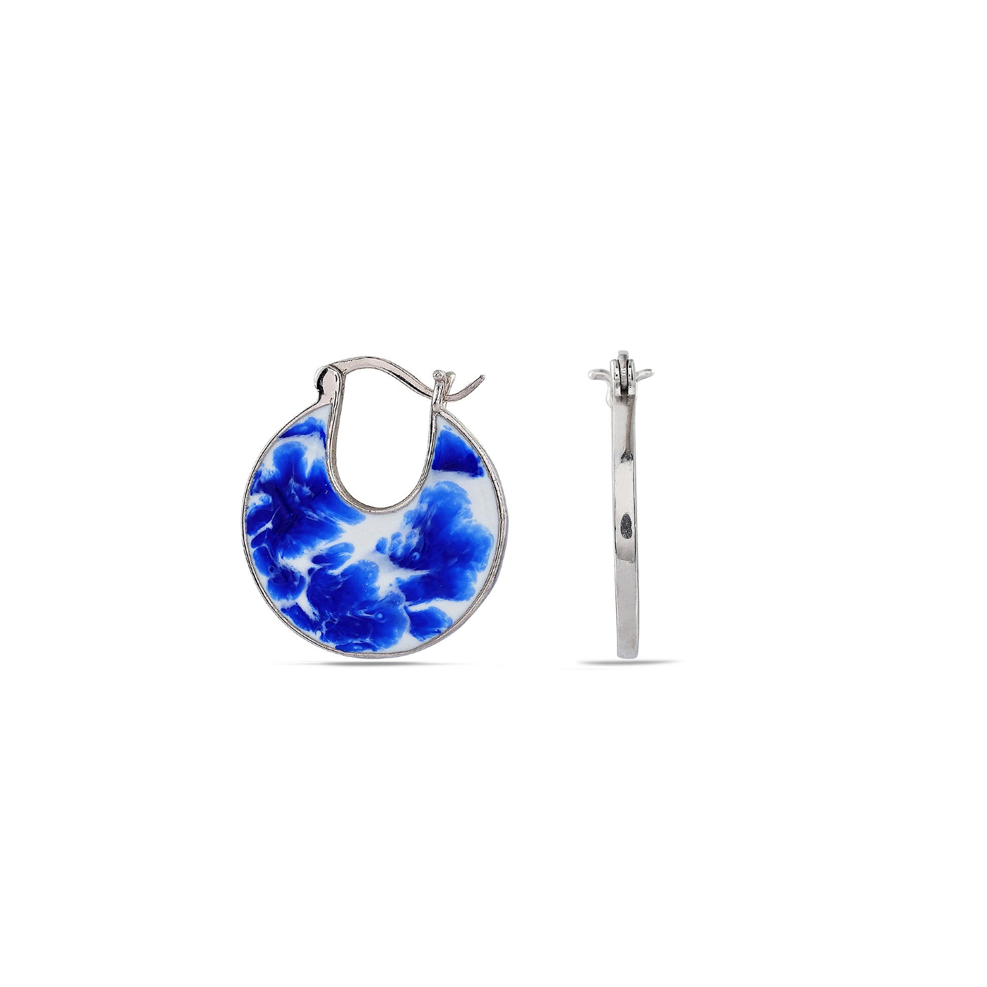 Blue White Enamel 925 Silver Hoops Earrings