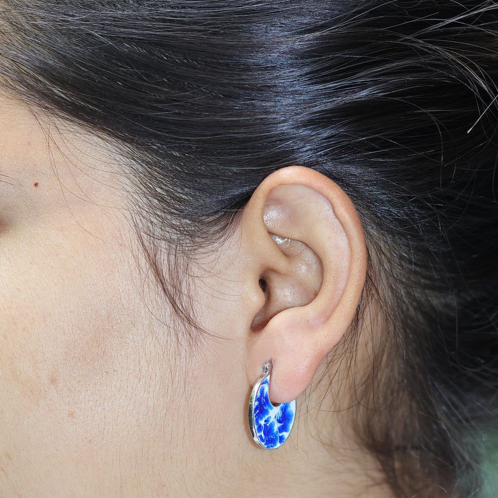 Blue White Enamel 925 Silver Hoops Earrings