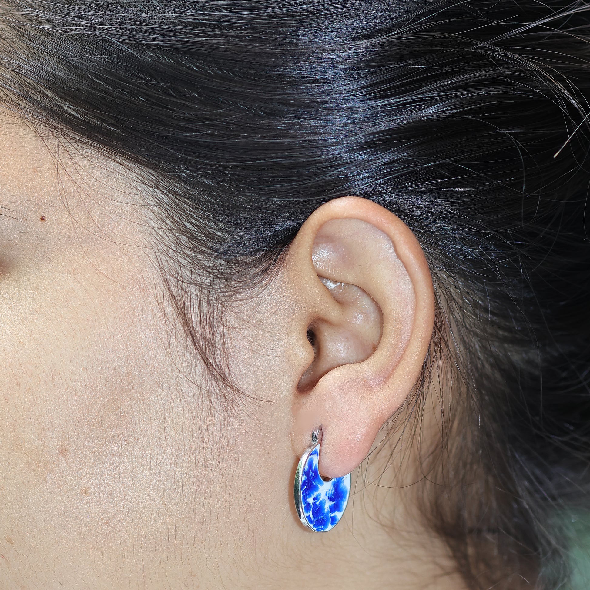Blue White Enamel 925 Silver Hoops Earrings