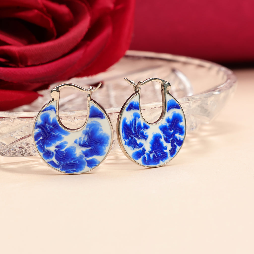 Blue White Enamel 925 Silver Hoops Earrings