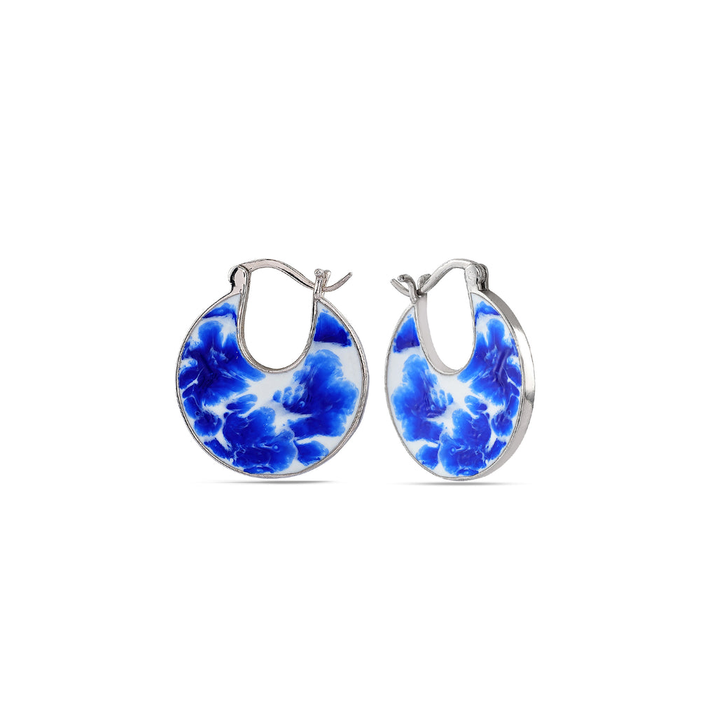 Blue White Enamel 925 Silver Hoops Earrings