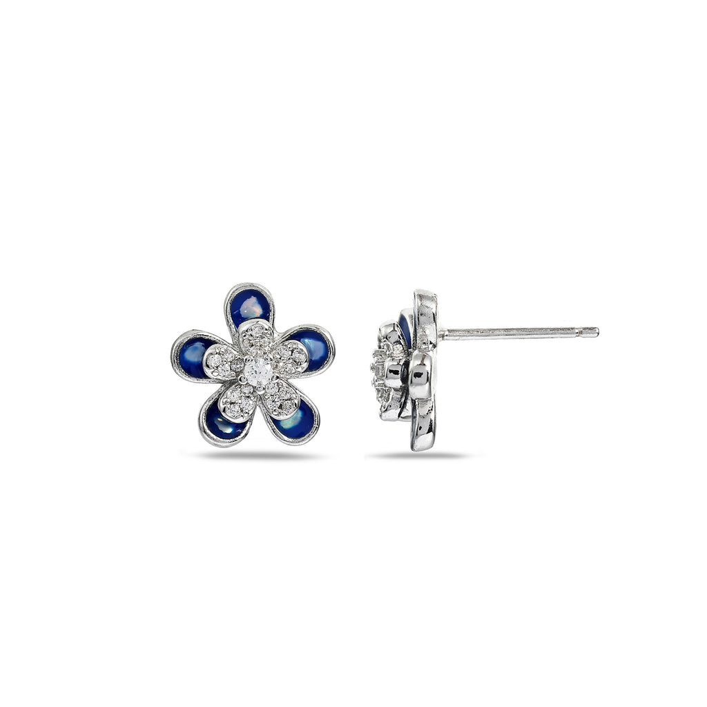 Blue Enamel & Zircon Flower Studs - 925 Sterling Silver
