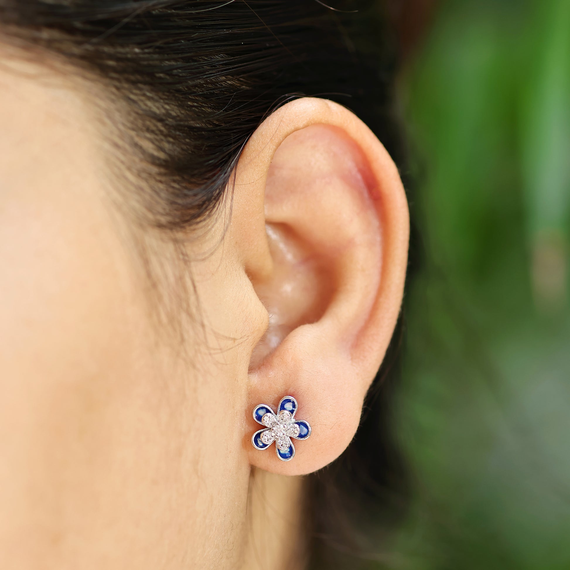 Blue Enamel & Zircon Flower Studs - 925 Sterling Silver