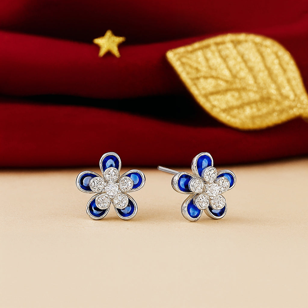 Blue Enamel & Zircon Flower Studs - 925 Sterling Silver