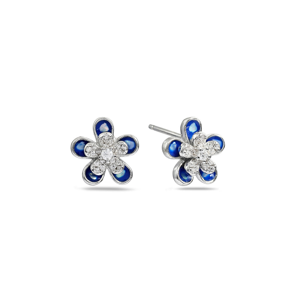 Blue Enamel & Zircon Flower Studs - 925 Sterling Silver