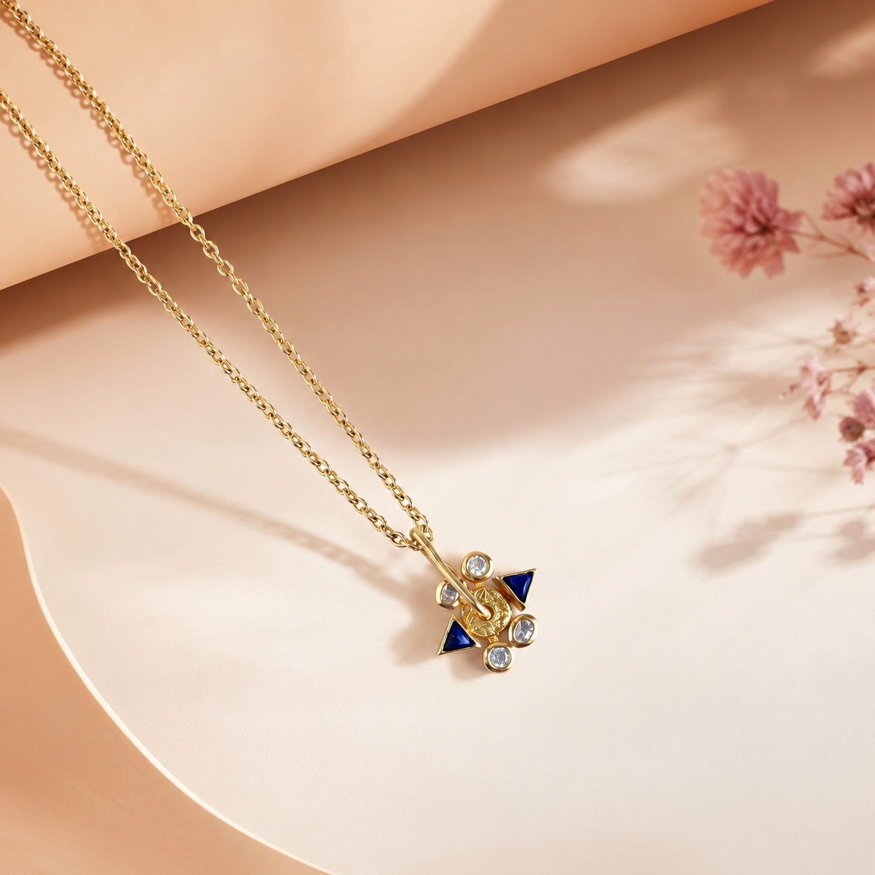 Gold Geometric Pendant with Blue & White Stones - 925 Silver