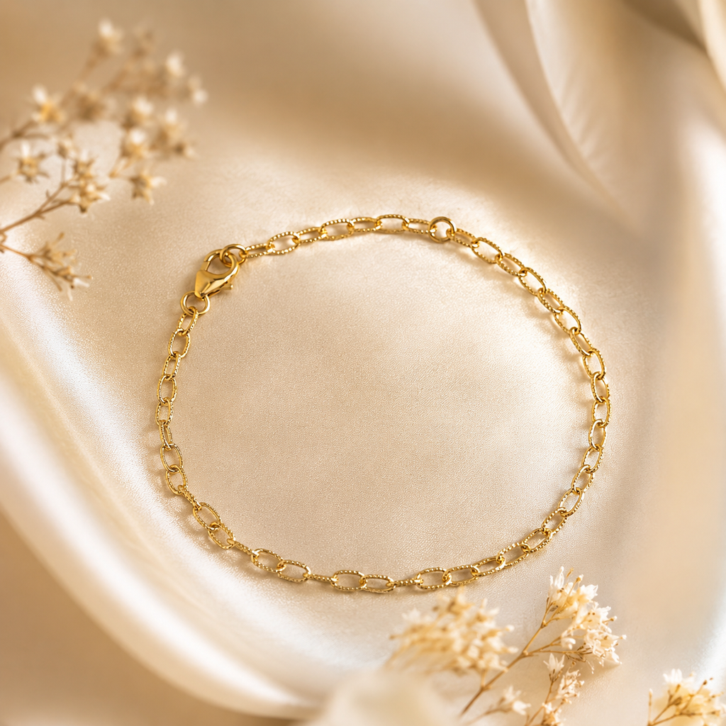 18k Gold Plated Textured Oval Link Chain Bracelet