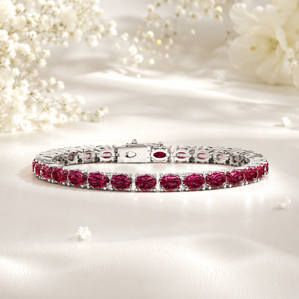 Ruby Red Oval Cut Tennis Bracelet - 925 Silver