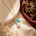 Gold Pearl Pendant with Blue Enamel Butterfly Wings - 925 Silver