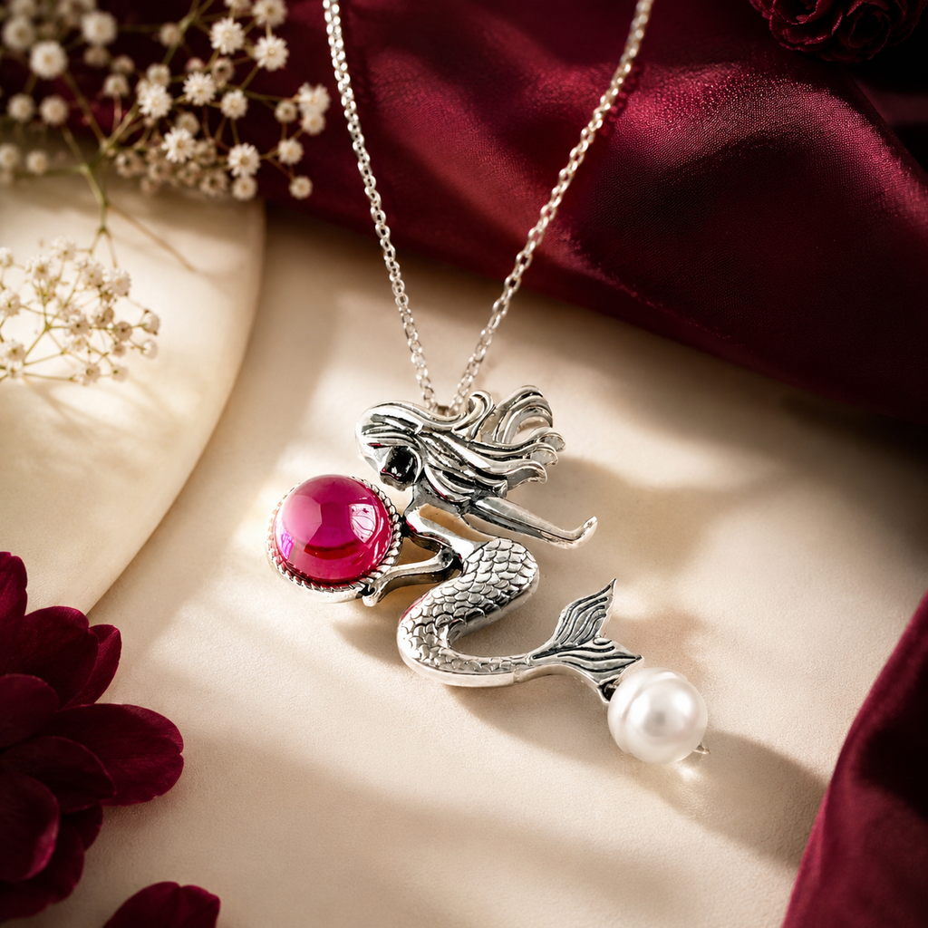 Silver Mermaid Pendant with Pink Stone & Pearl Tail