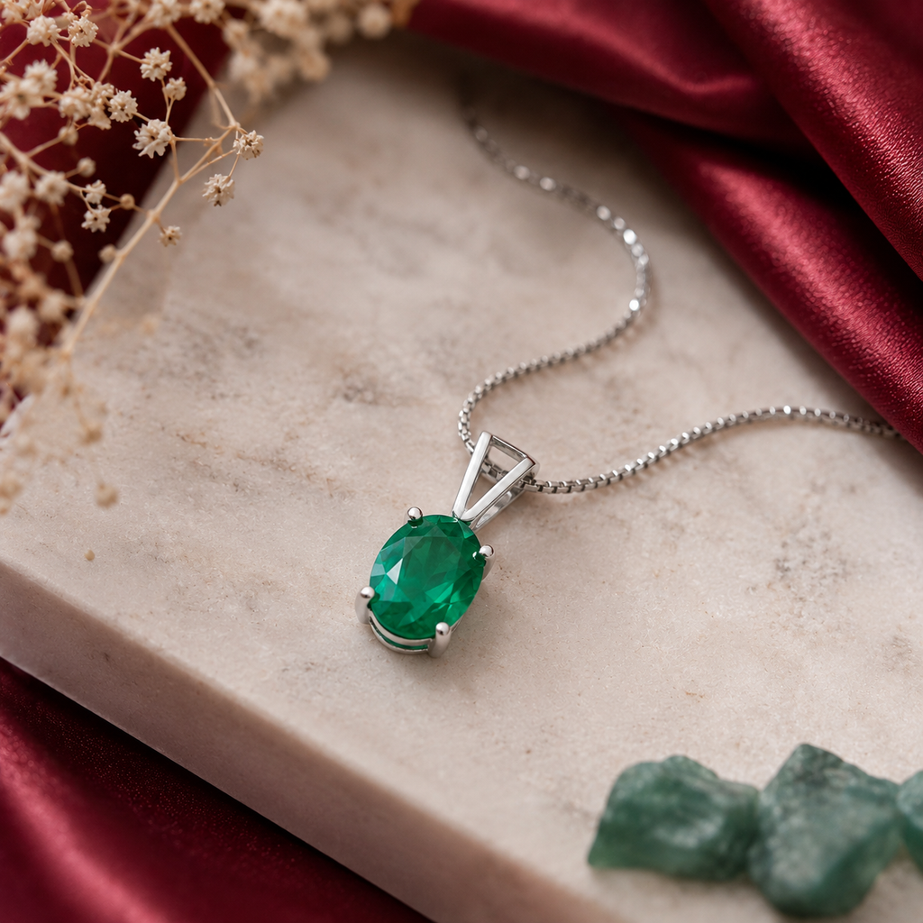Emerald Green Oval Solitaire Pendant - 925 Sterling Silver