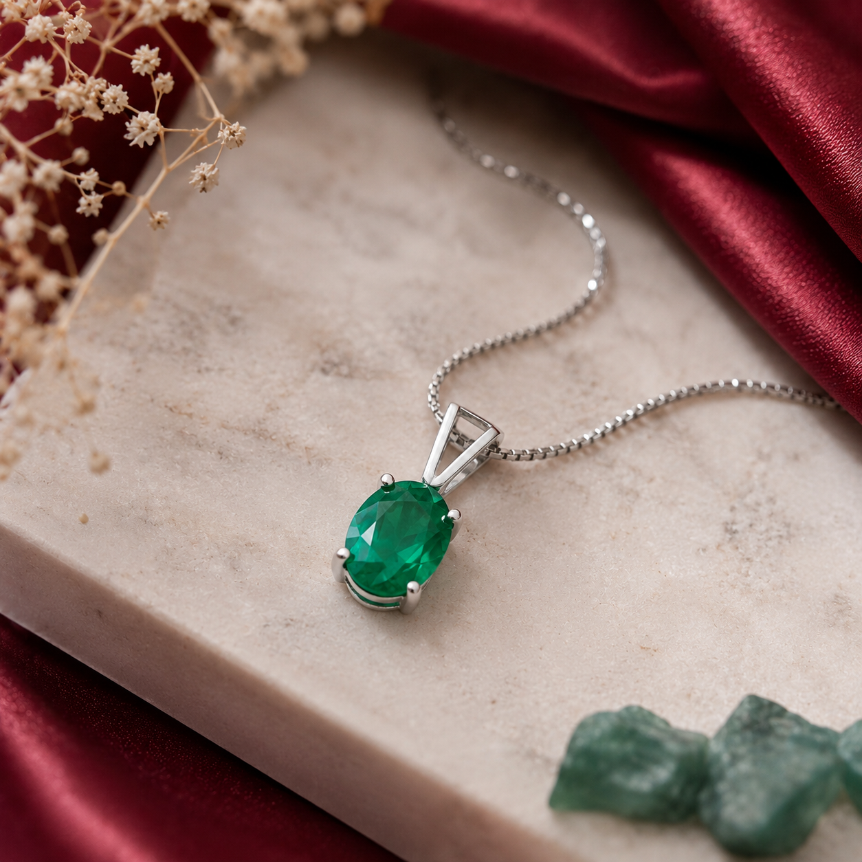 Emerald Green Oval Solitaire Pendant - 925 Sterling Silver