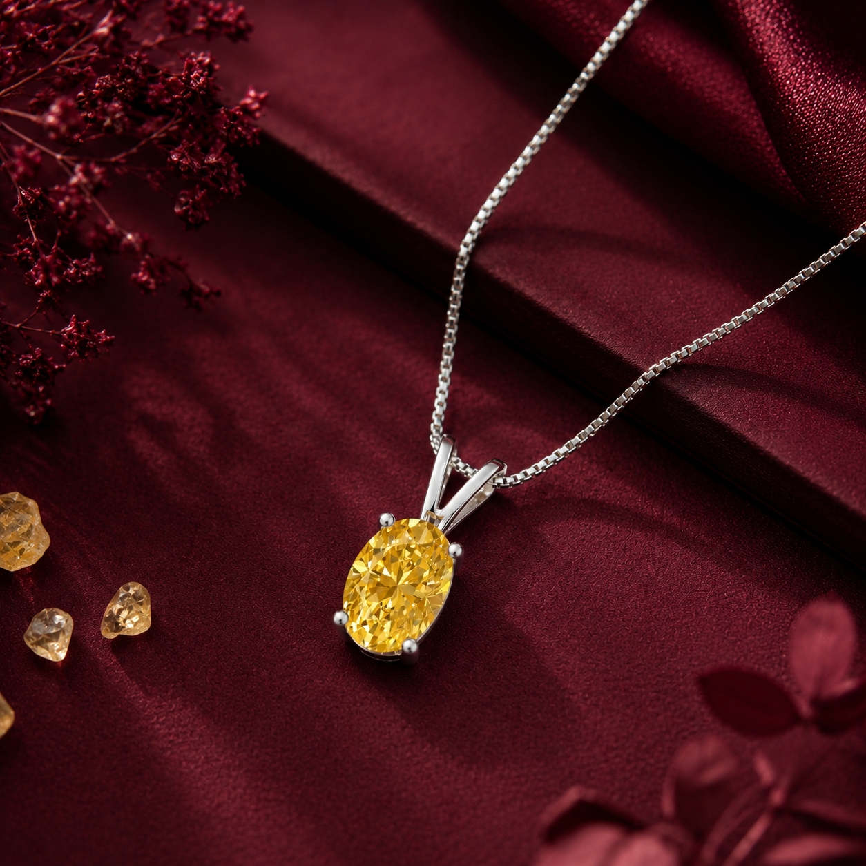 Citrine Yellow Oval Solitaire Pendant - 925 Sterling Silver