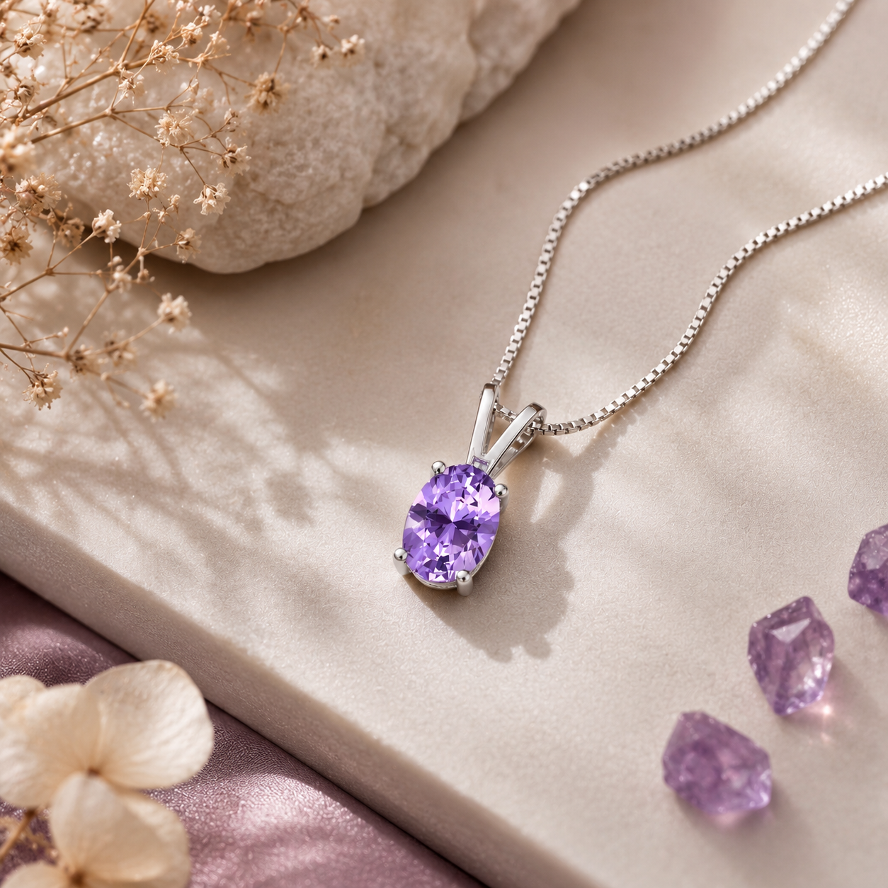 Light Amethyst Oval Solitaire Pendant - 925 Sterling Silver
