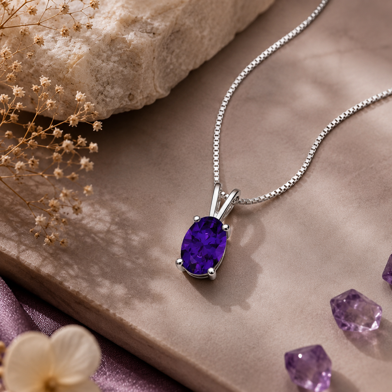 Amethyst Oval Solitaire Pendant - 925 Sterling Silver
