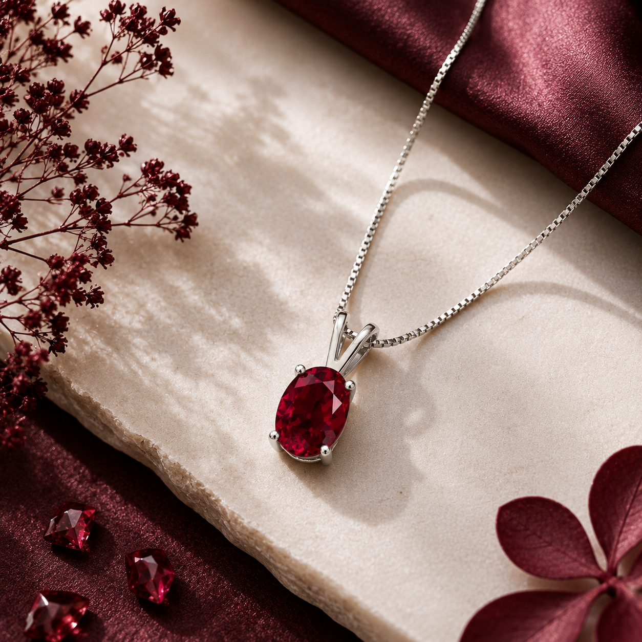 Ruby Red Oval Solitaire Pendant - 925 Sterling Silver