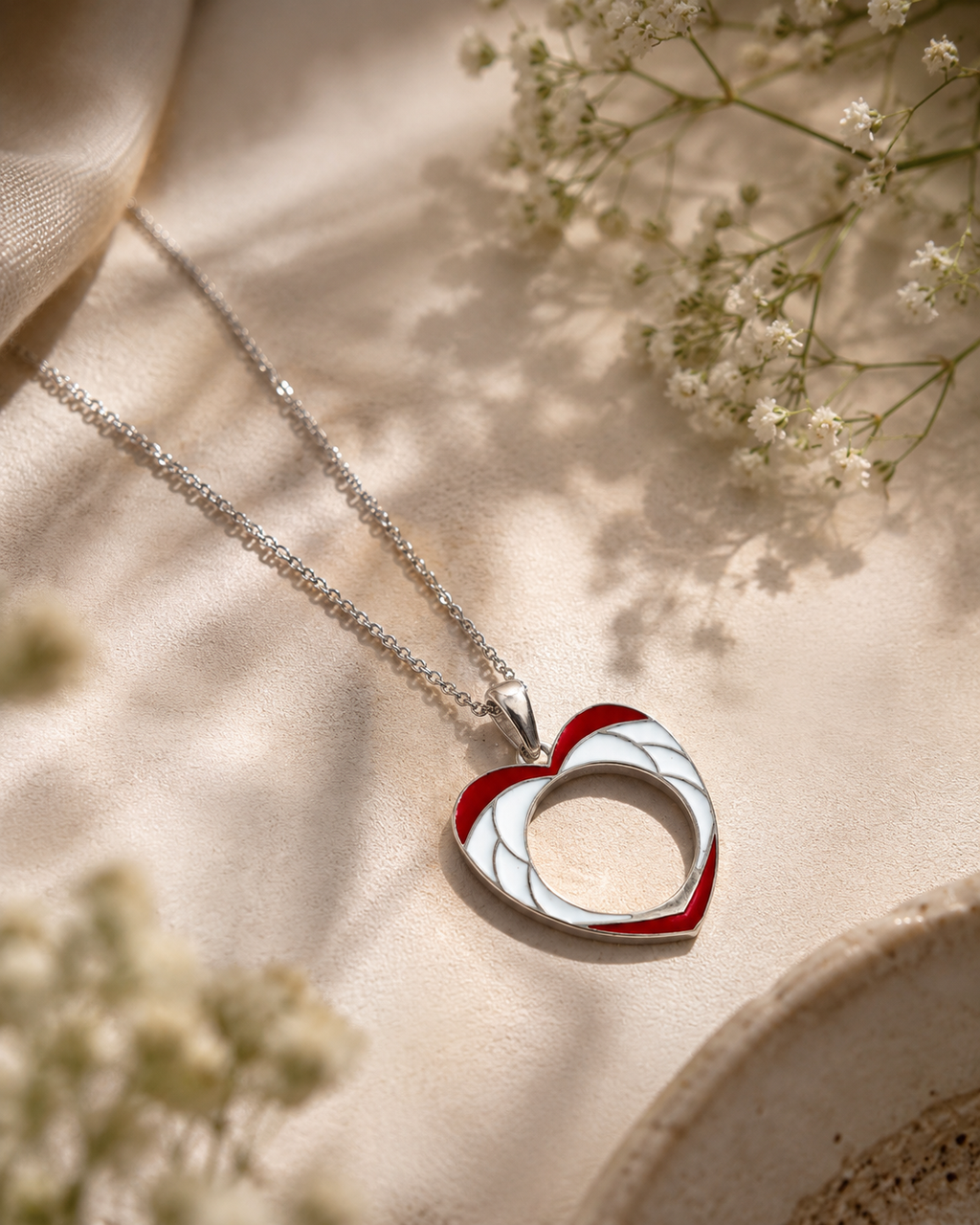 Red & White Enamel Open Heart Pendant - 925 Sterling Silver