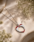 Red & White Enamel Open Heart Pendant - 925 Sterling Silver