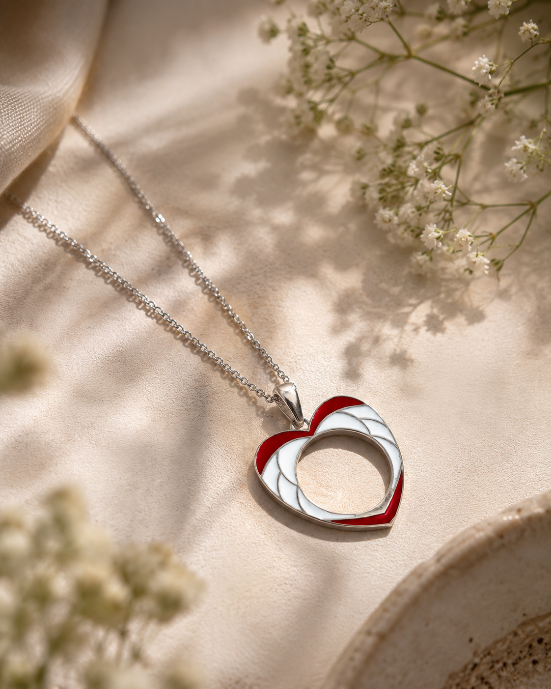 Red & White Enamel Open Heart Pendant - 925 Sterling Silver