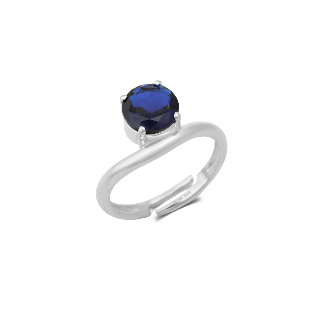 Blue Sapphire Solitaire Wave 925 Silver Ring