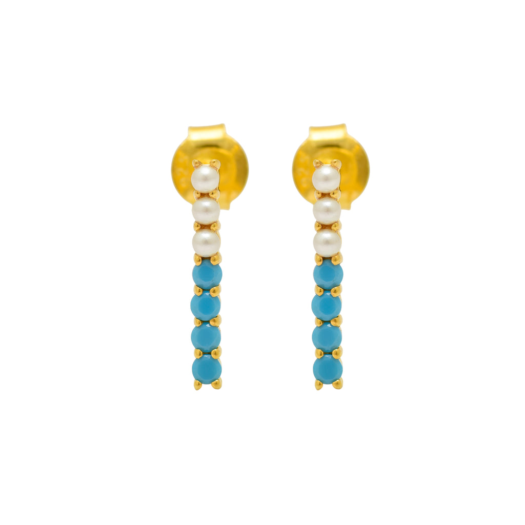 Turquoise & Pearl Bar Studs Earrings - 925 Silver (Gold Plated)