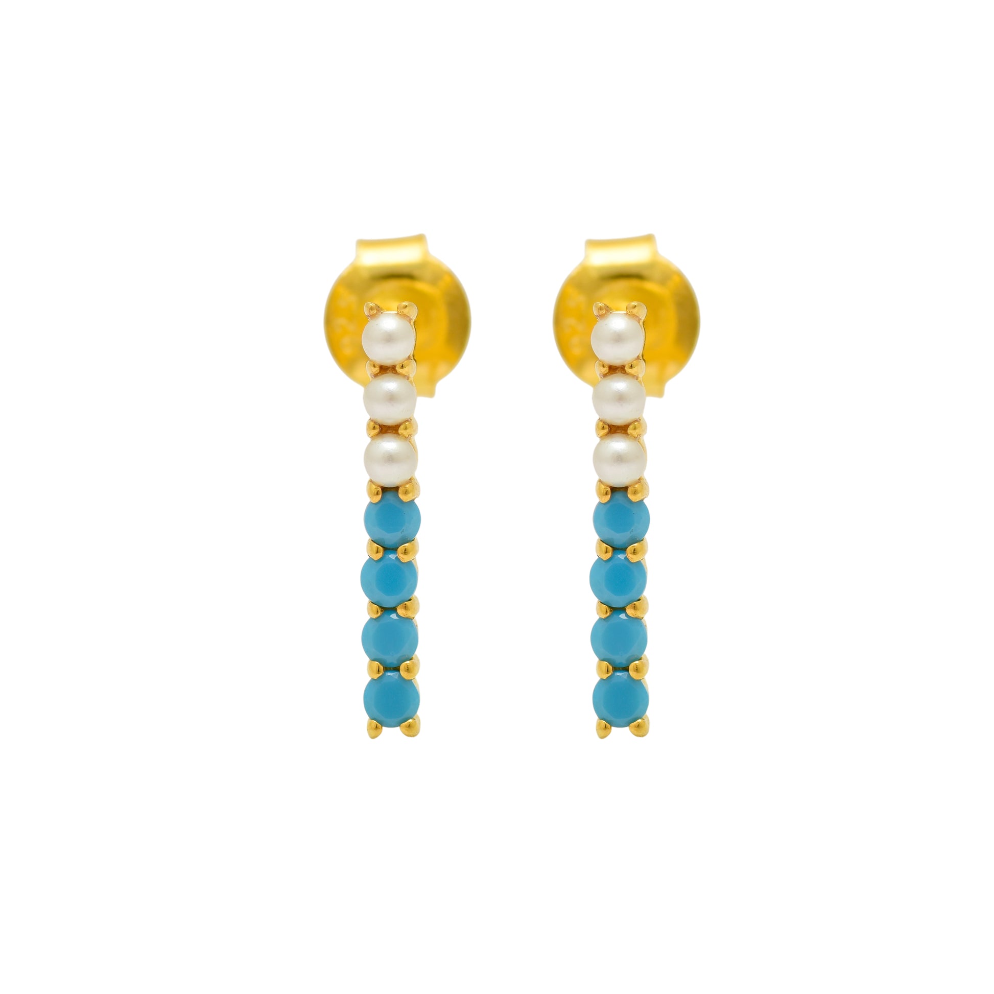 Turquoise & Pearl Bar Studs Earrings - 925 Silver (Gold Plated)