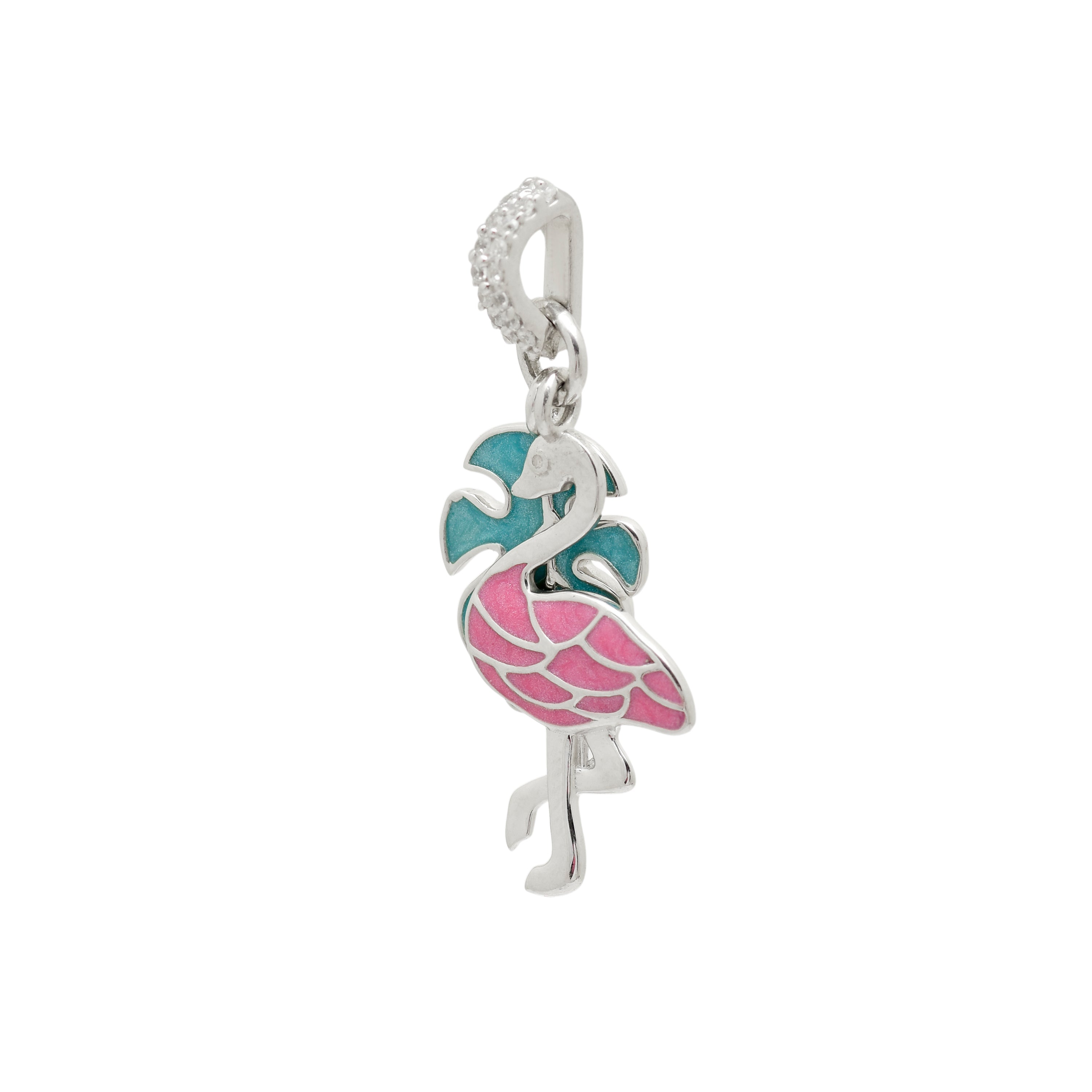 Tropical Pink Flamingo & Blue Leaf Necklace - 925 Sterling Silver