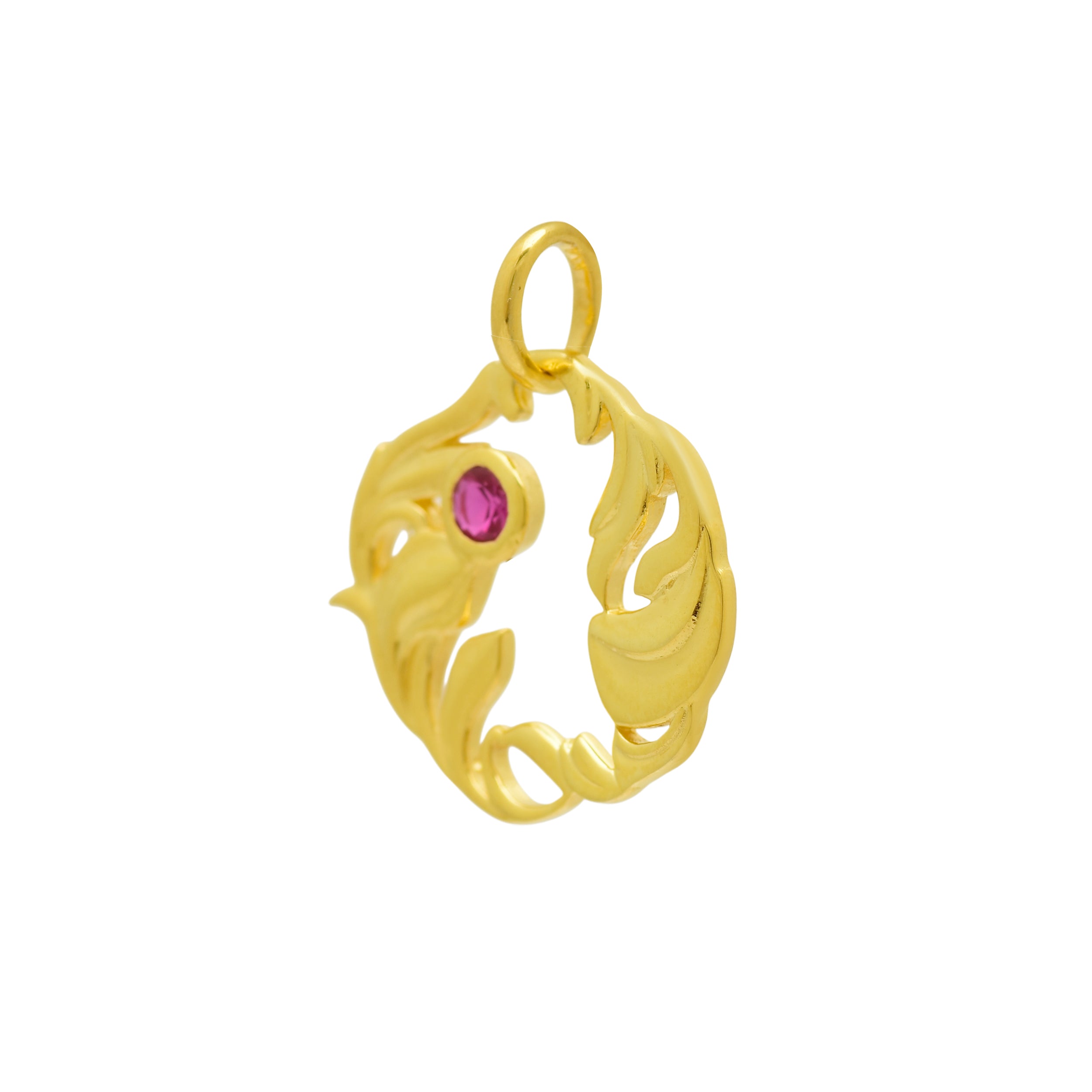 Silver Organic Leaf Swirl Pendant with Ruby Red Stone