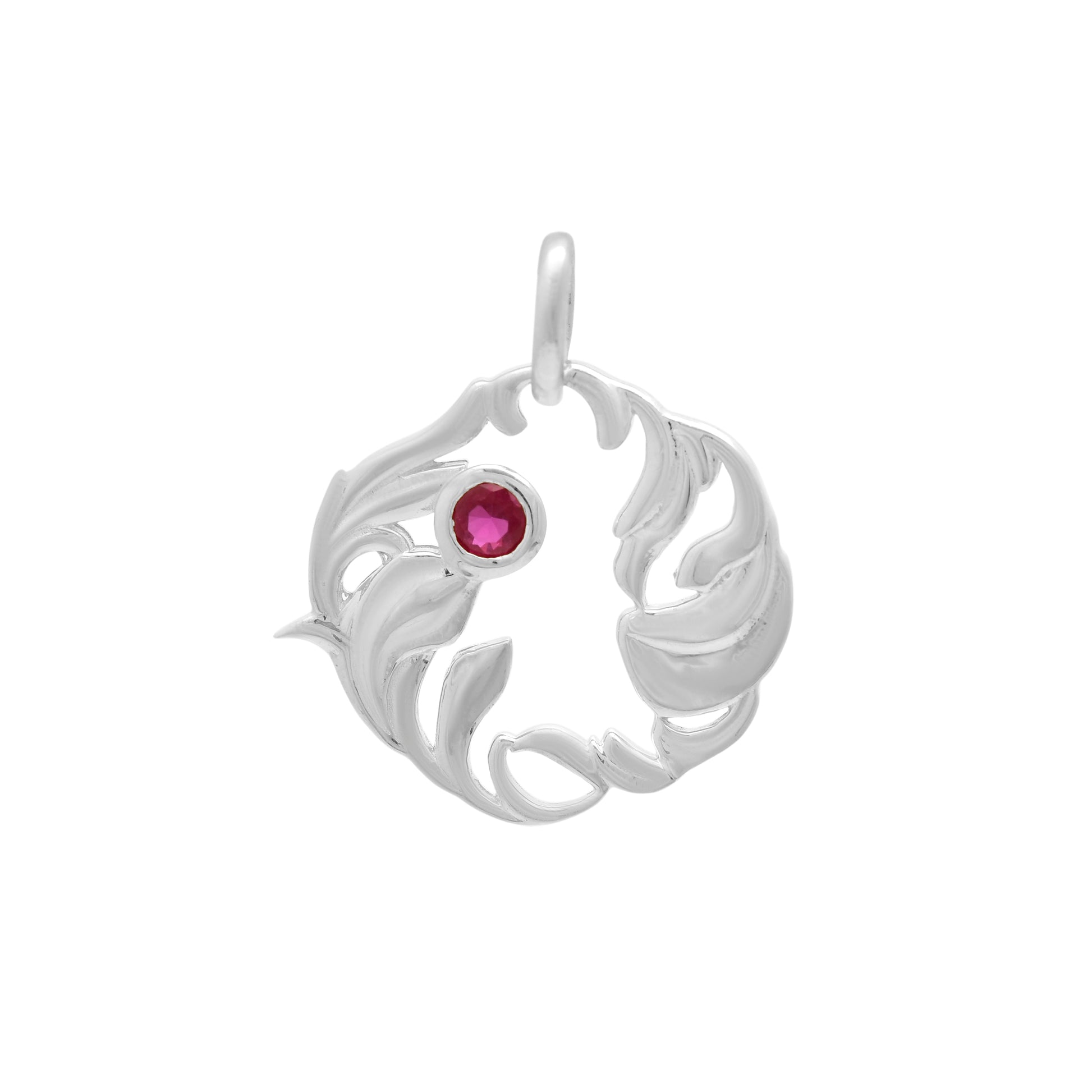 Silver Organic Leaf Swirl Pendant with Ruby Red Stone